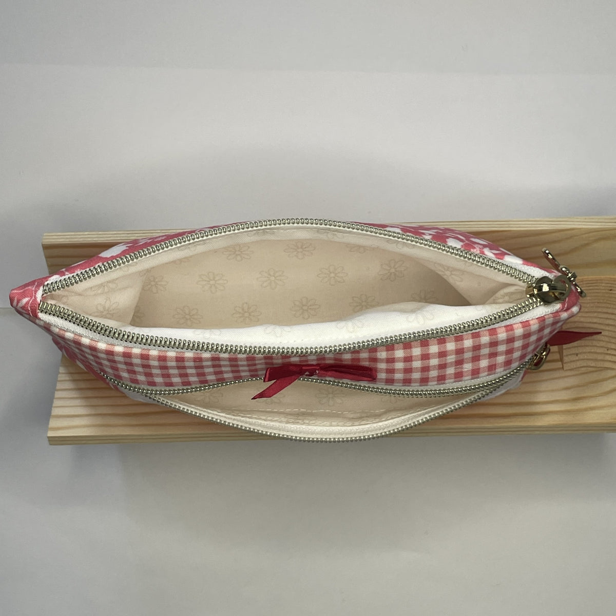 Pencil Case-2 Sections-Rose Floral Vine Pattern White on Dark Pink-8.5"x4.25"