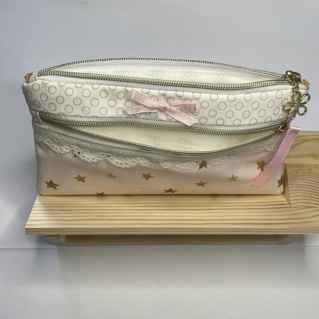 Pencil Case-2 Sections-Golden Stars Pattern on Pale Pink-8.5"x4.25"
