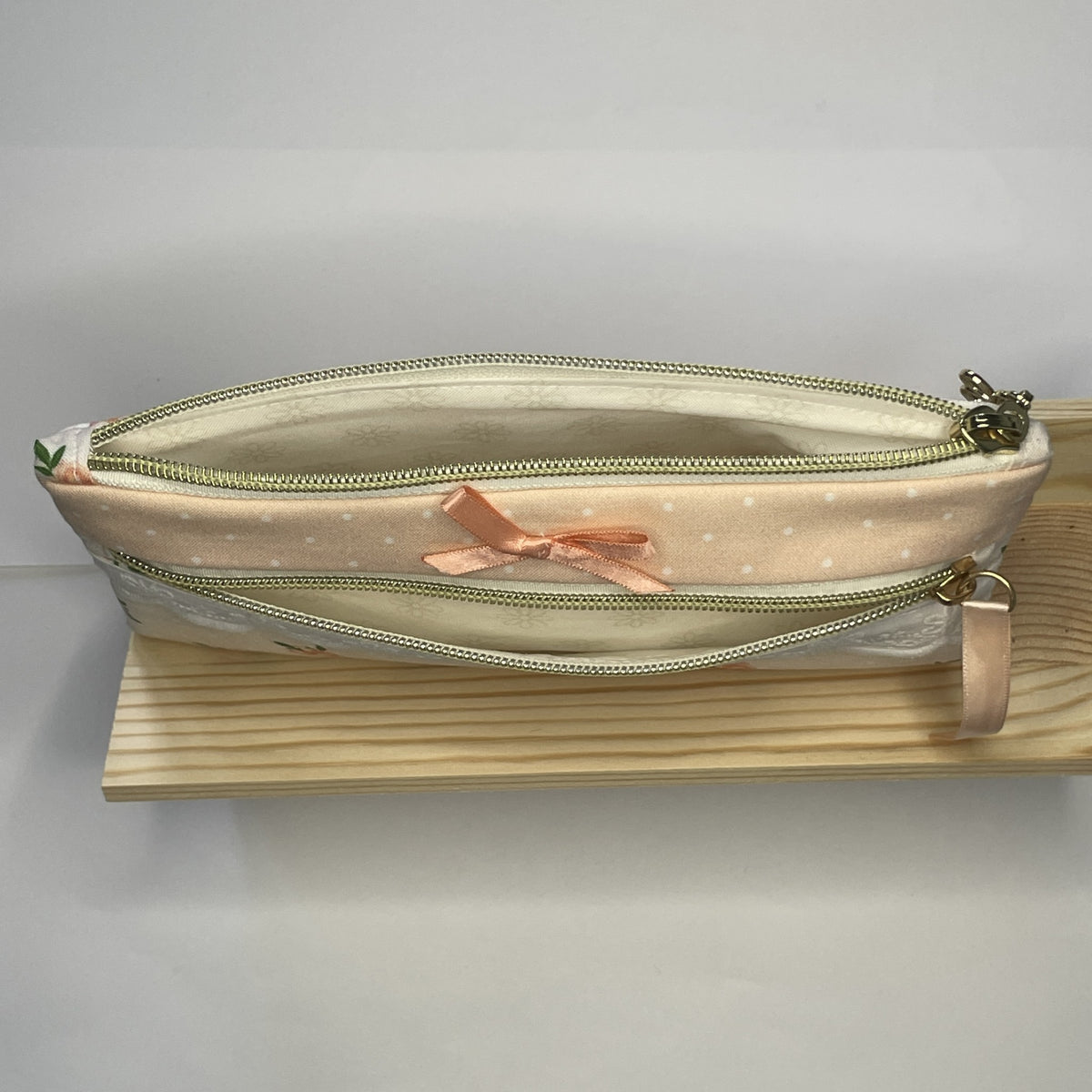 Pencil Case-2 Sections-Vintage Peach Roses on Pale Peach-8.5"x4.25"