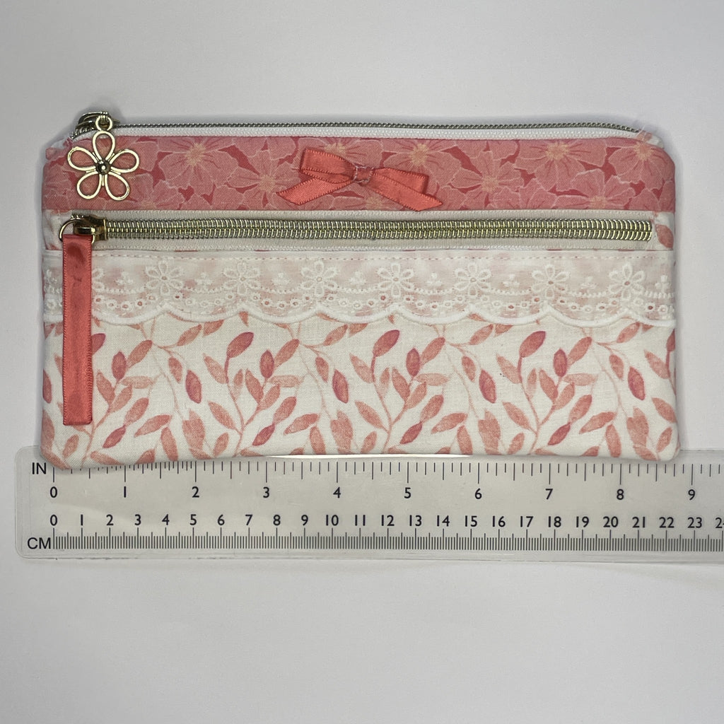 Pencil Case-2 Sections-Bella Petals Leaf Pink on White-8.5"x4.25"