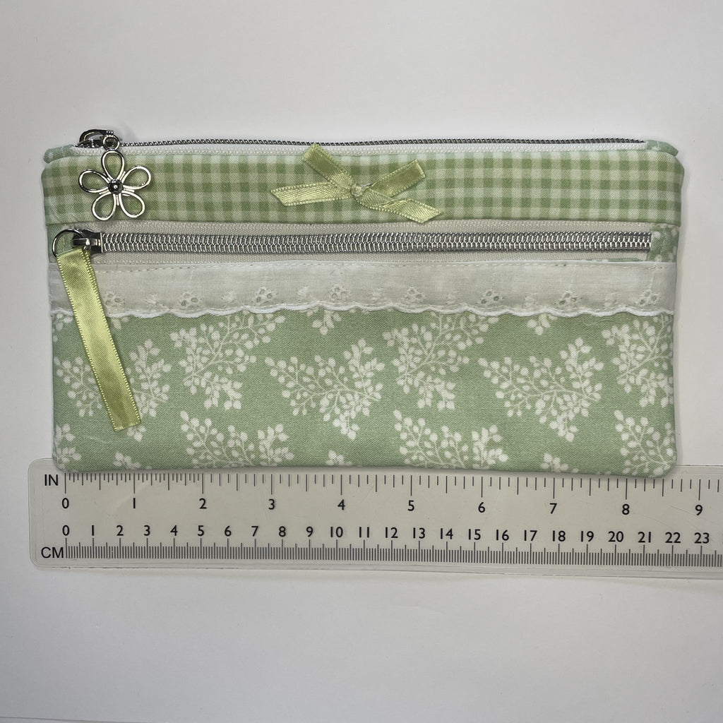 Pencil Case-2 Sections-Huckleberry Branches White on Green-8.5"x4.25"