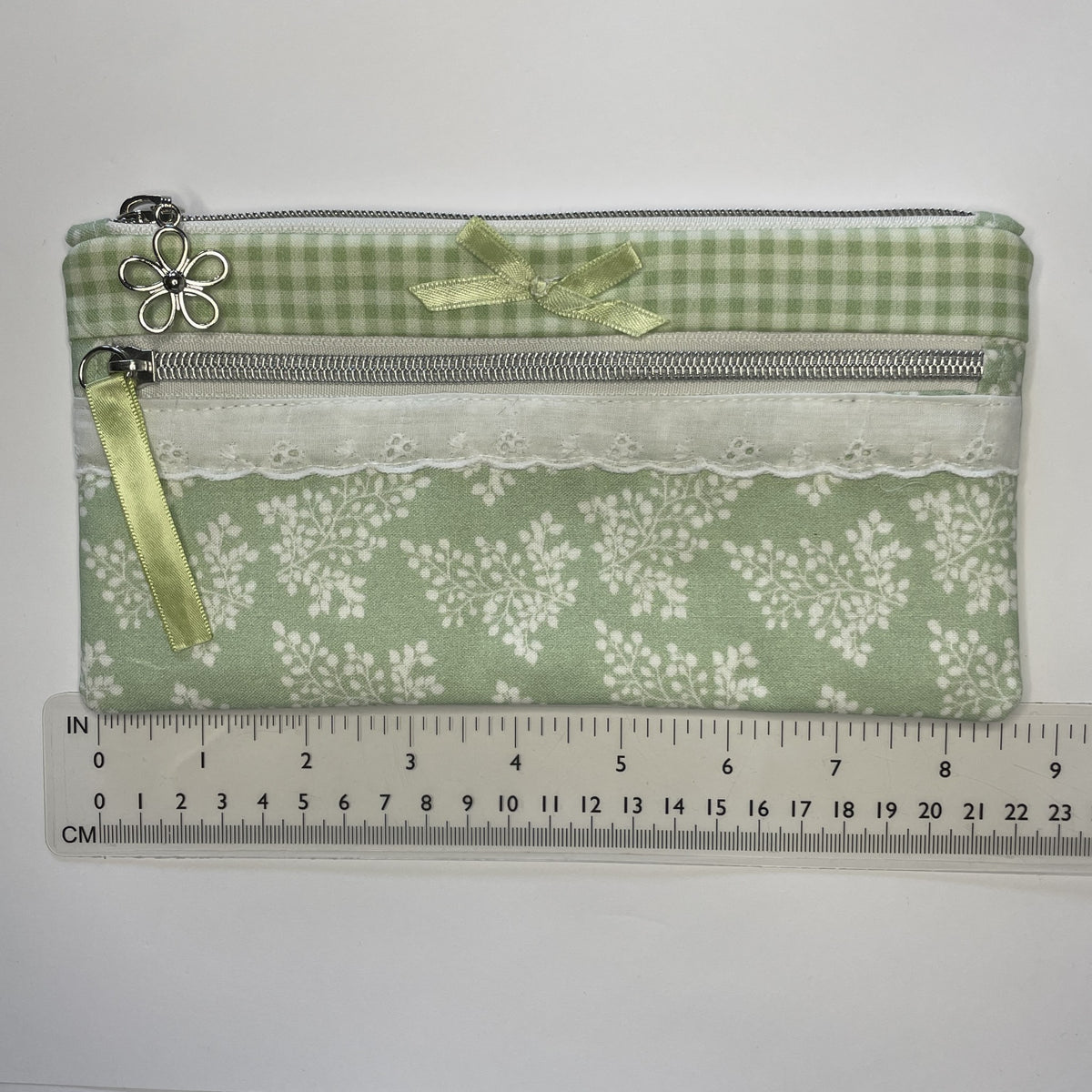 Pencil Case-2 Sections-Huckleberry Branches White on Green-8.5"x4.25"