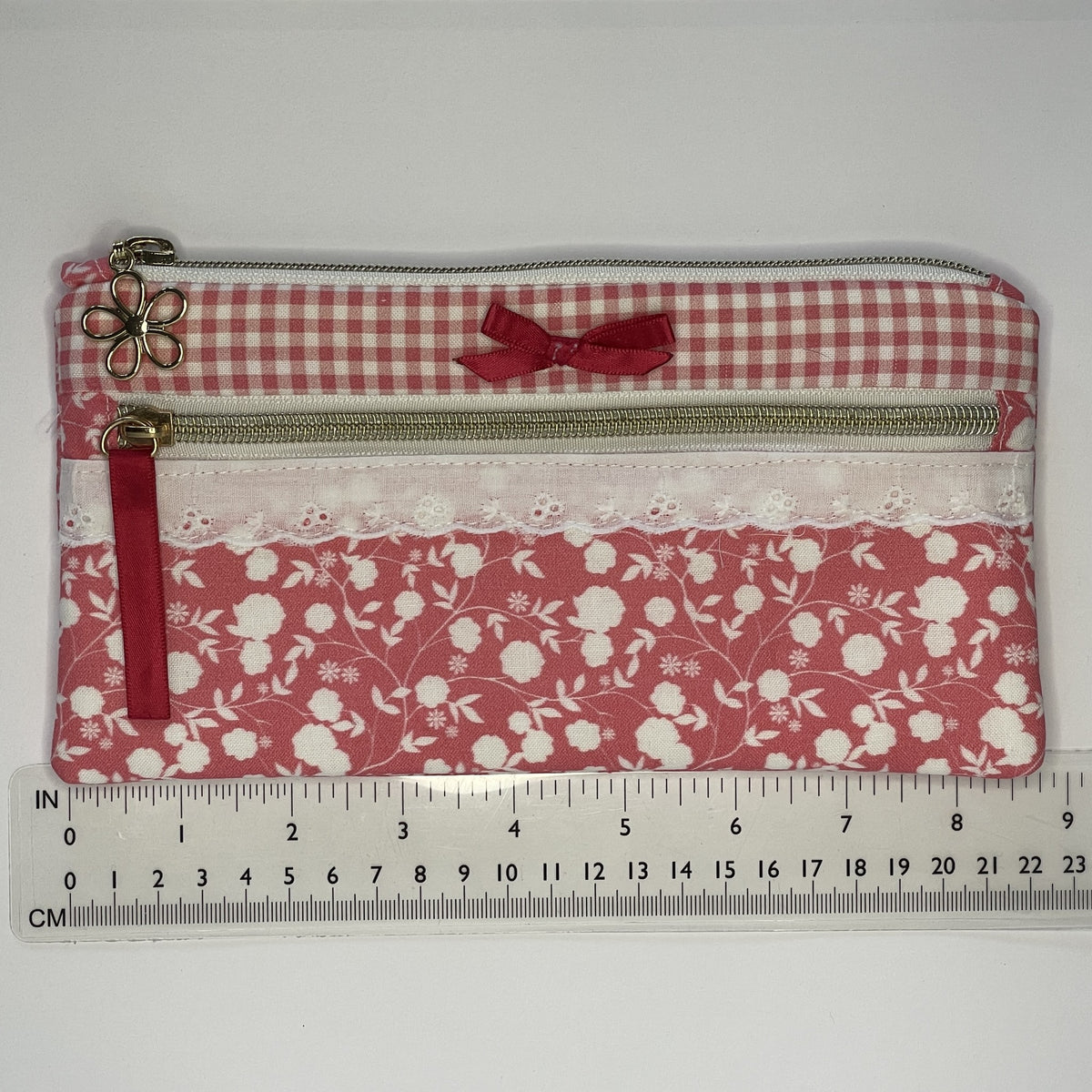 Pencil Case-2 Sections-Rose Floral Vine Pattern White on Dark Pink-8.5"x4.25"