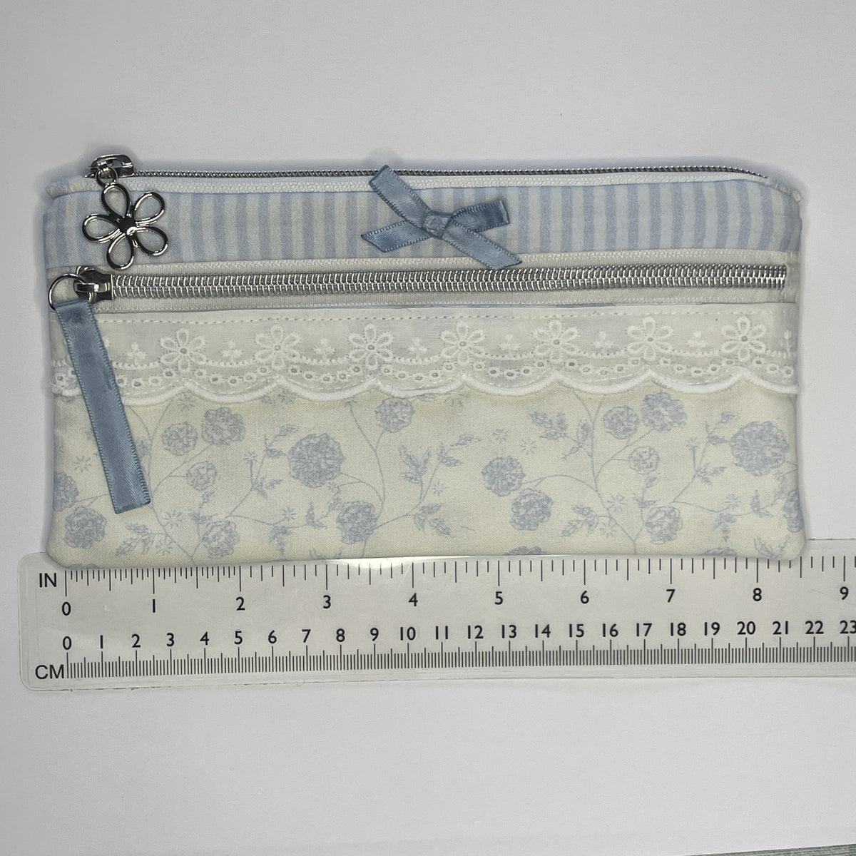 Pencil Case-2 Sections-Rose Floral Sketchy Vine Pattern Blue on Ivory-8.5"x4.25"