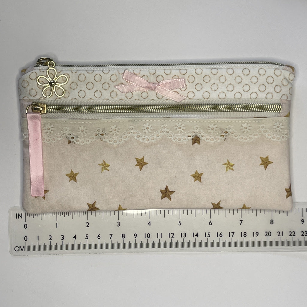 Pencil Case-2 Sections-Golden Stars Pattern on Pale Pink-8.5"x4.25"