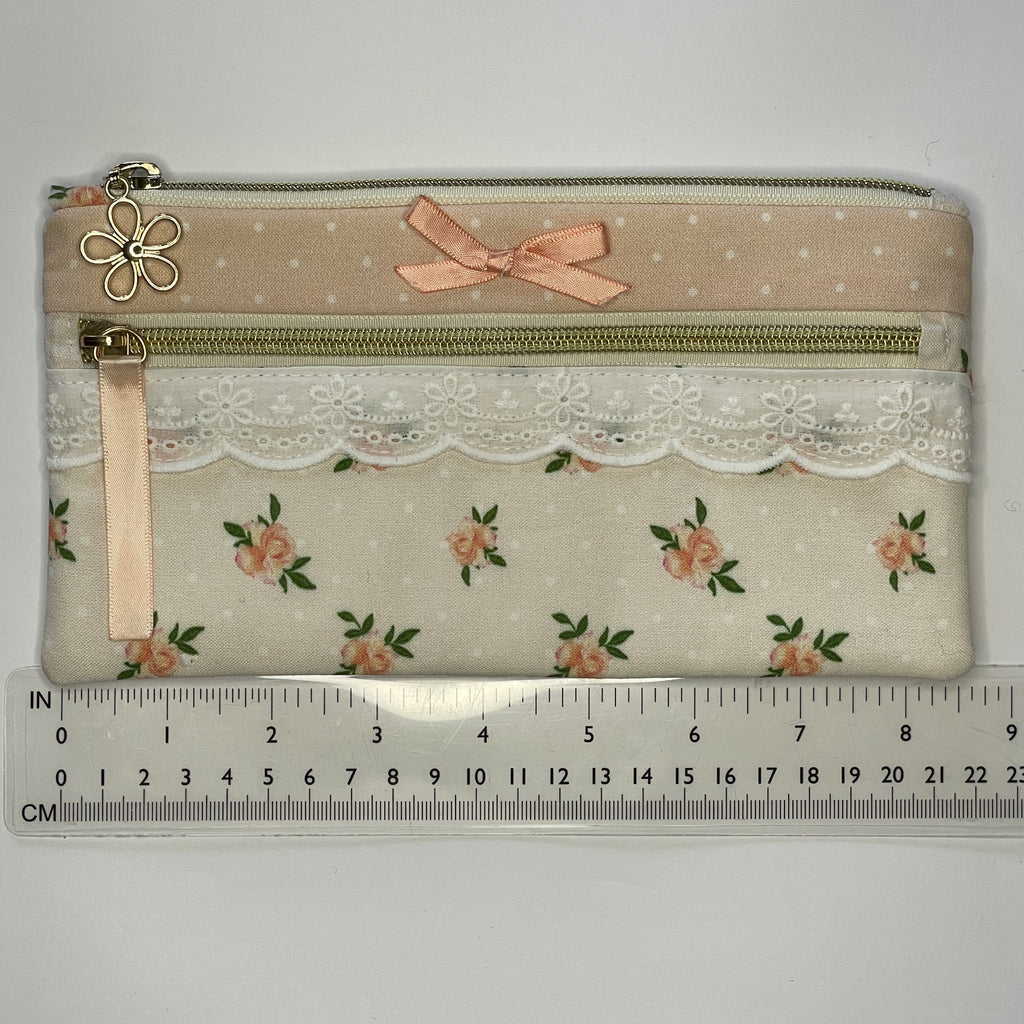 Pencil Case-2 Sections-Vintage Peach Roses on Pale Peach-8.5"x4.25"