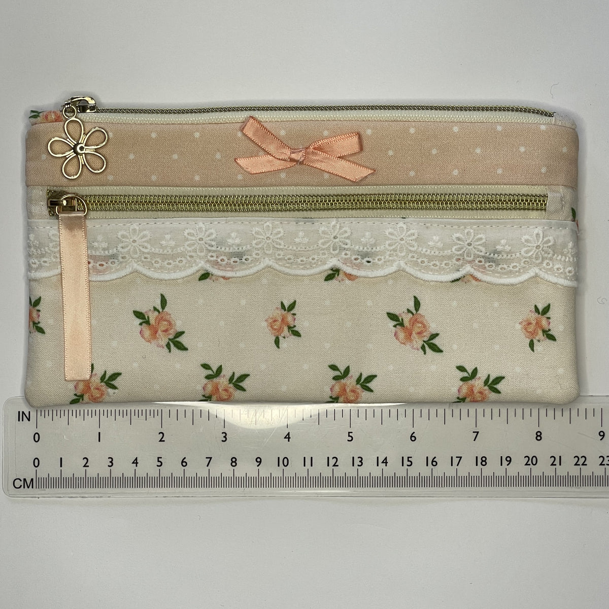 Pencil Case-2 Sections-Vintage Peach Roses on Pale Peach-8.5"x4.25"