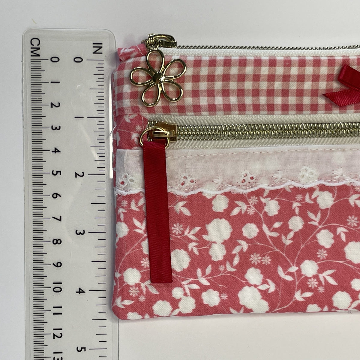 Pencil Case-2 Sections-Rose Floral Vine Pattern White on Dark Pink-8.5"x4.25"