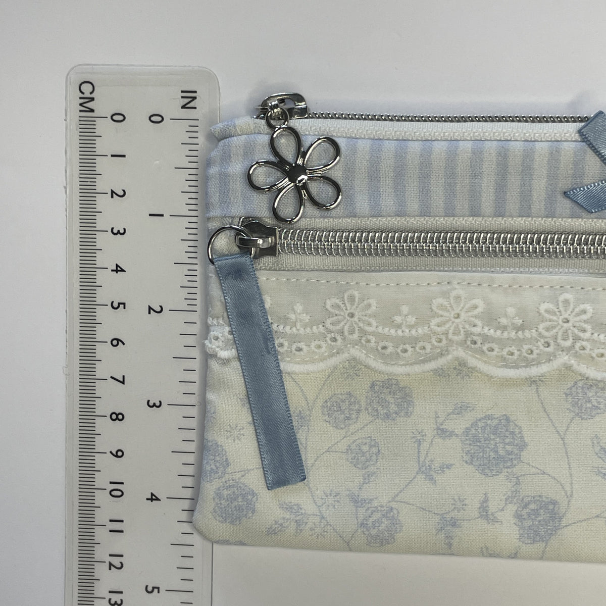 Pencil Case-2 Sections-Rose Floral Sketchy Vine Pattern Blue on Ivory-8.5"x4.25"
