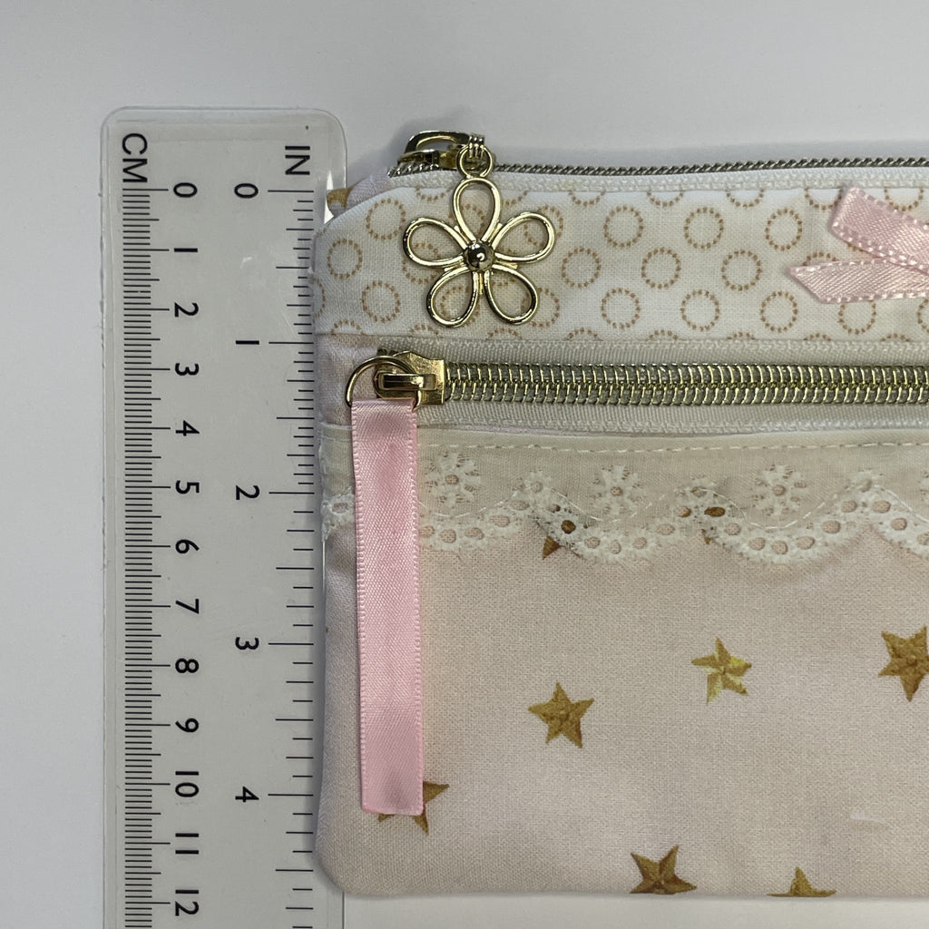 Pencil Case-2 Sections-Golden Stars Pattern on Pale Pink-8.5"x4.25"