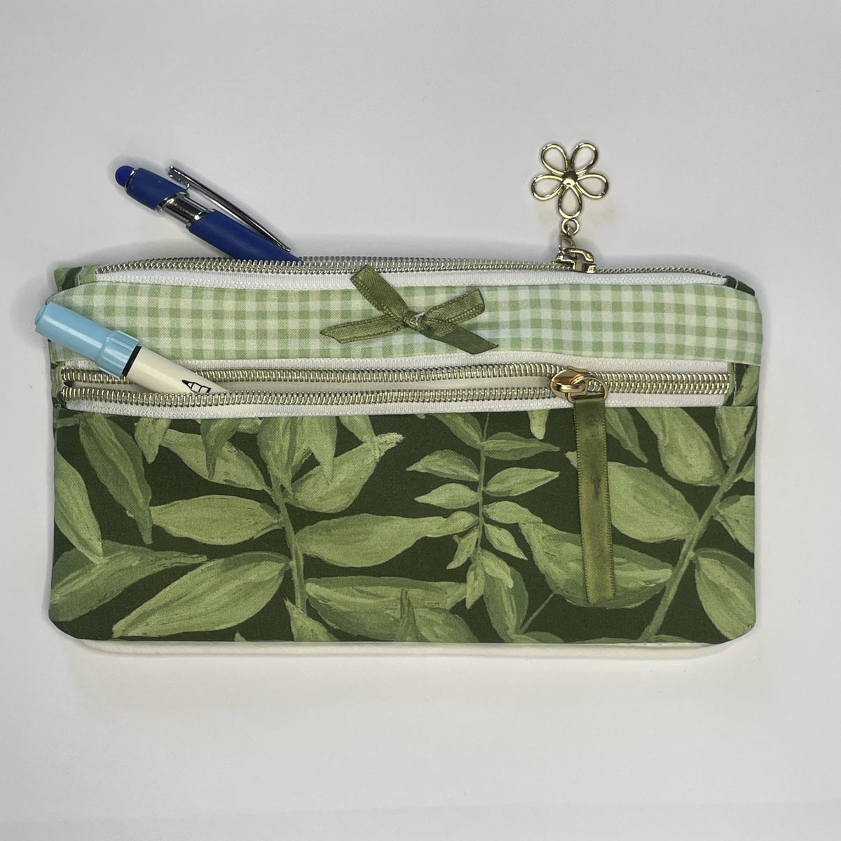 Pencil Case-2 Sections-Jungle Aria Petals Green Leaves on Dark Green-8.5"x4.25"
