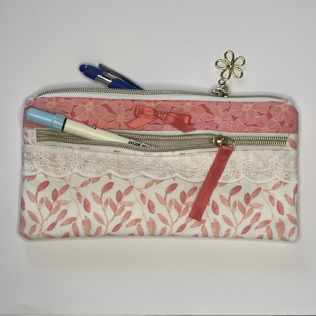 Pencil Case-2 Sections-Bella Petals Leaf Pink on White-8.5"x4.25"