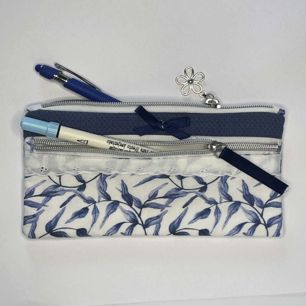 Pencil Case-2 Sections-Blue Willow Pattern on White-8.5"x4.25"