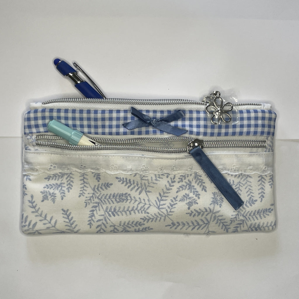 Pencil Case-2 Sections-Woodland Fern Blue on White-8.5"x4.25"