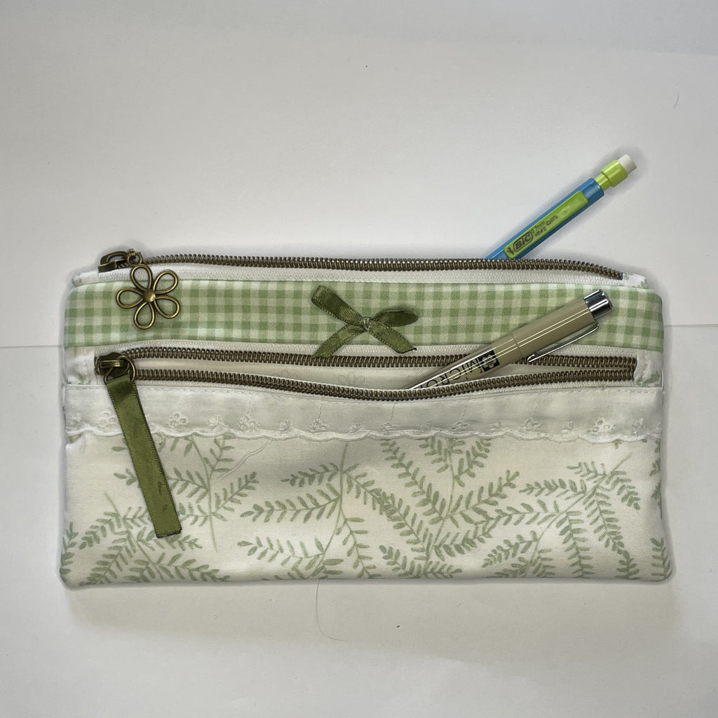 Pencil Case-2 Sections-Woodland Fern Green on White-8.5"x4.25"