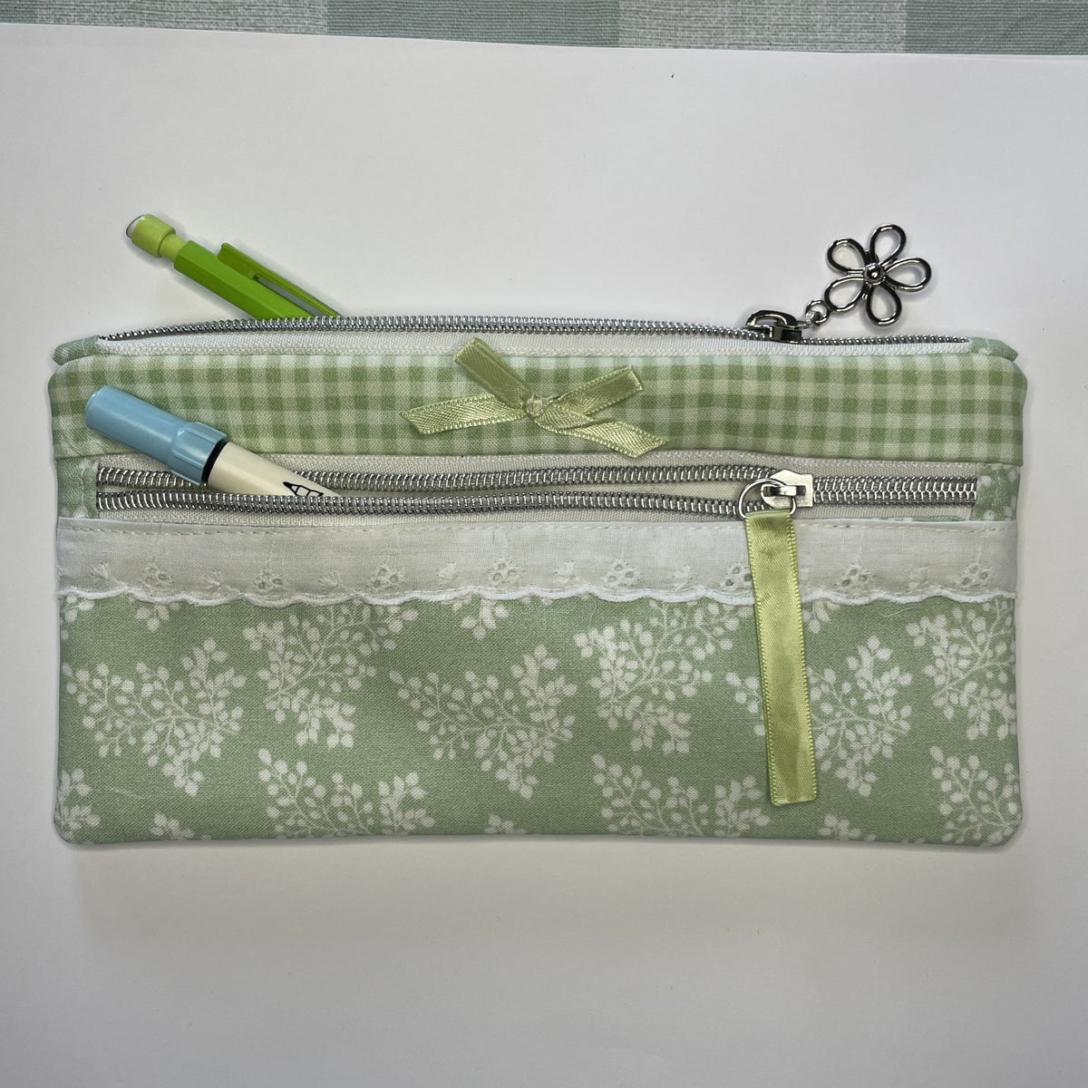 Pencil Case-2 Sections-Huckleberry Branches White on Green-8.5"x4.25"