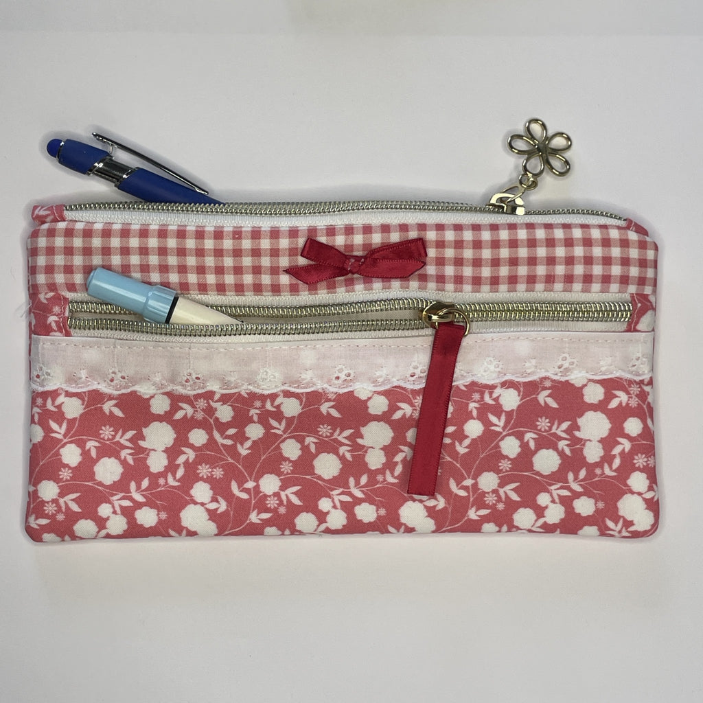 Pencil Case-2 Sections-Rose Floral Vine Pattern White on Dark Pink-8.5"x4.25"