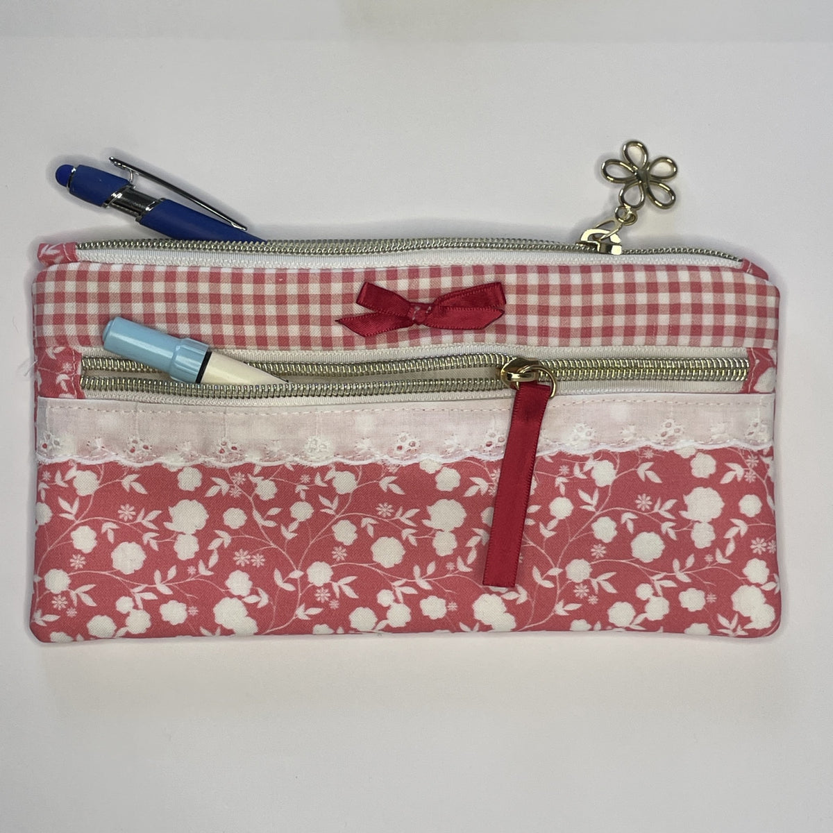 Pencil Case-2 Sections-Rose Floral Vine Pattern White on Dark Pink-8.5"x4.25"