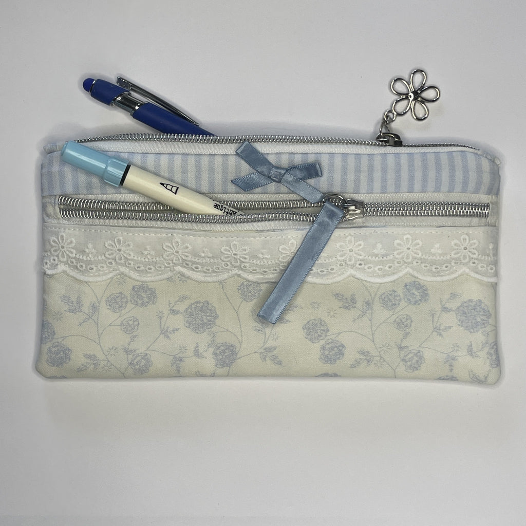 Pencil Case-2 Sections-Rose Floral Sketchy Vine Pattern Blue on Ivory-8.5"x4.25"