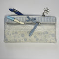 Pencil Case-2 Sections-Rose Floral Sketchy Vine Pattern Blue on Ivory-8.5"x4.25"