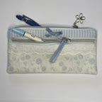 Pencil Case-2 Sections-Rose Floral Sketchy Vine Pattern Blue on Ivory-8.5"x4.25"