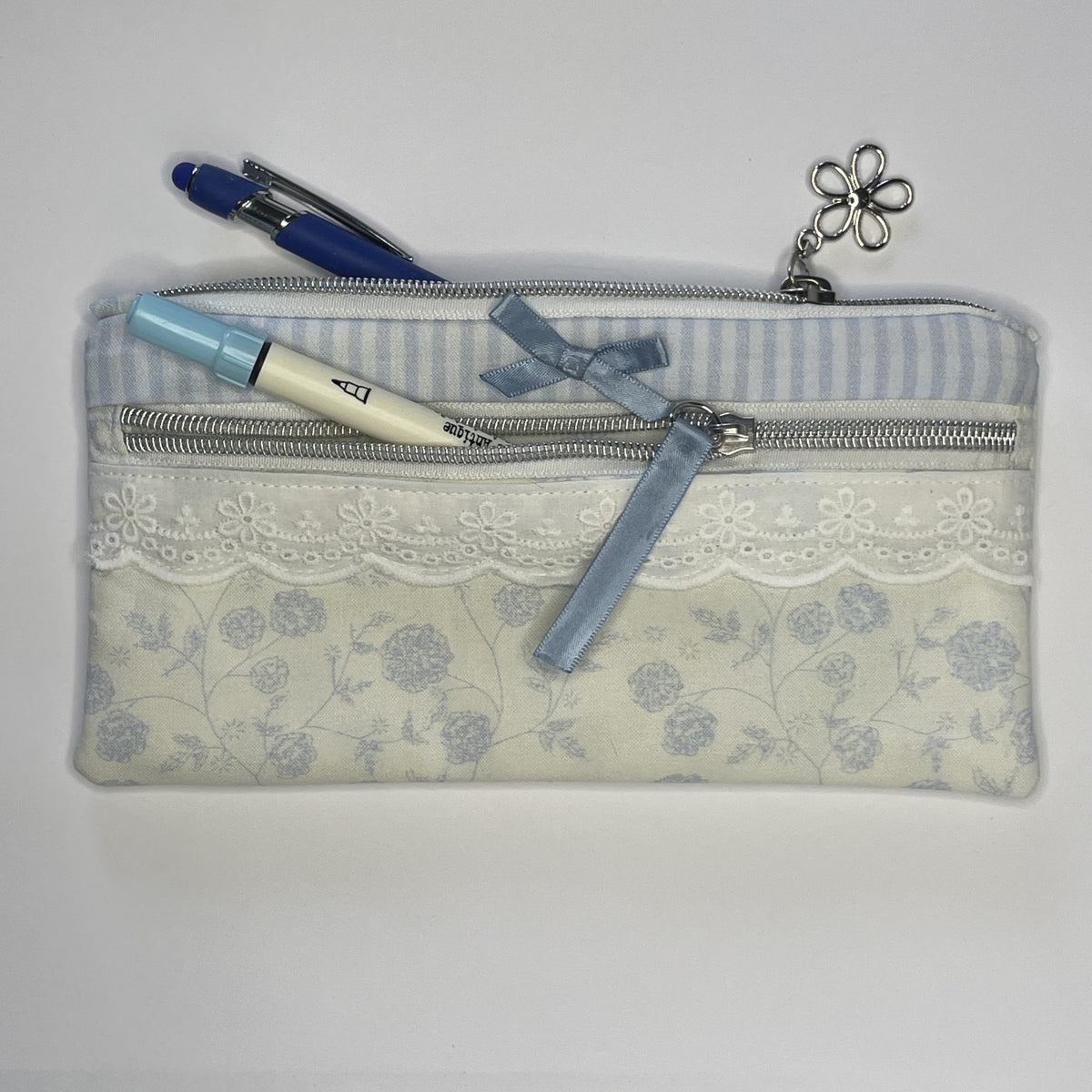 Pencil Case-2 Sections-Rose Floral Sketchy Vine Pattern Blue on Ivory-8.5"x4.25"