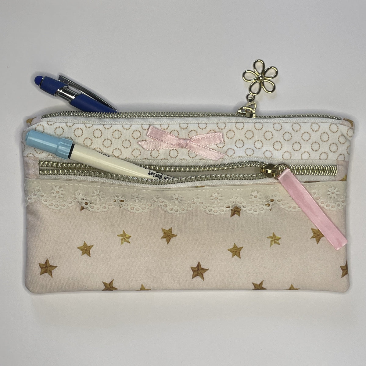 Pencil Case-2 Sections-Golden Stars Pattern on Pale Pink-8.5"x4.25"